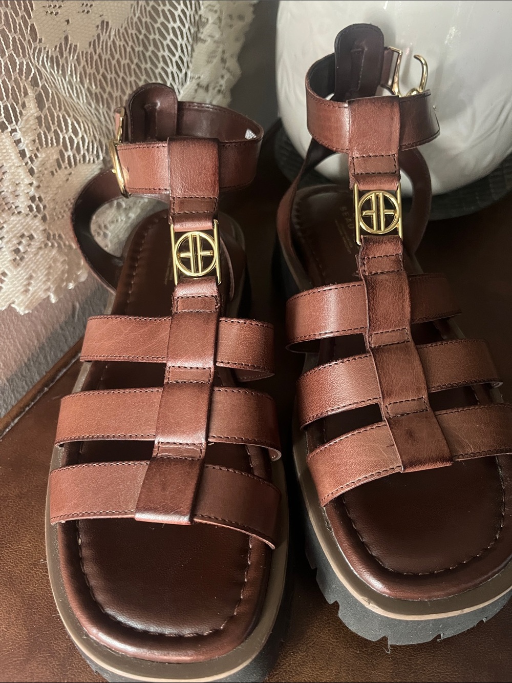Women’s Brown Strappy Platform Sandals with Gold Logo Accent